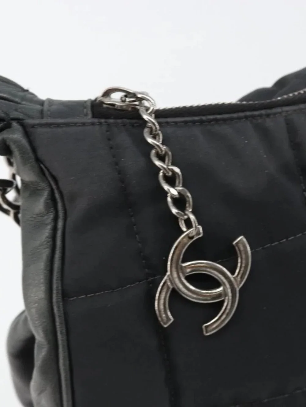 CHANEL Choco Bar Chain Shoulder Bag Nylon Black Silver CC Auth 118385
